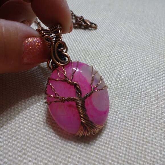 Rustic PINK BOTSWANA AGATE Handmade COPPER WIRE-WRAPPED TREE Pendant/Chain 349C - Picture 2 of 3